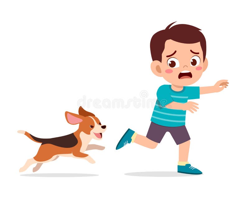 cute little boy scared because chased by bad dog