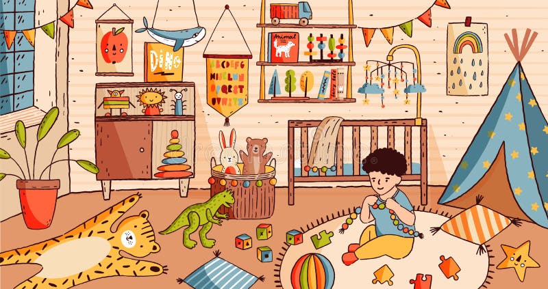 Cute little boy sitting on floor of baby room and playing with toys. Child in nursery full of furniture and home vector illustration Cute little boy sitting on floor of baby room and playing with toys. Child in nursery full of furniture and home vector illustration