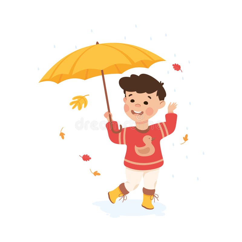 Cute Little Boy Walking with Umbrella in Rain. Happy Kid Playing ...