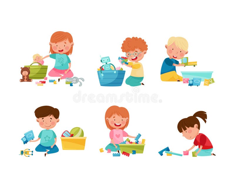 Cute Little Boys and Girls Cleaning Up His Toys and Putting Toys into Boxes  Set Cartoon Vector Illustration Stock Illustration - Illustration of cartoon,  storage: 254429853