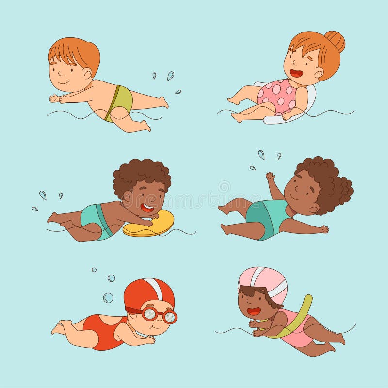 Cute Little Boys and Girls in Swimwear Swimming in Pool Cartoon Vector ...