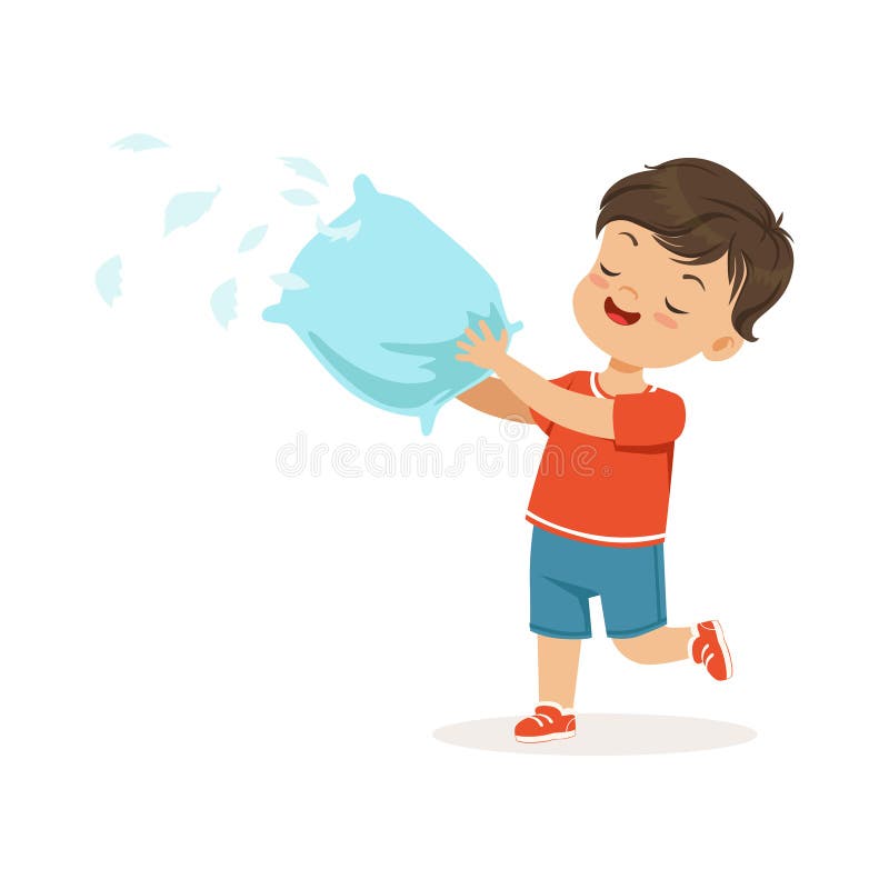 Cute little bully boy plying with pillow, feathers flying around him, hoodlum cheerful little kid, bad child behavior vector Illustration on a white background