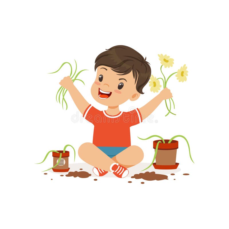 Cute little bully boy sitting on the floor and tearing flowers from pots, hoodlum cheerful little kid, bad child behavior vector Illustration on a white background