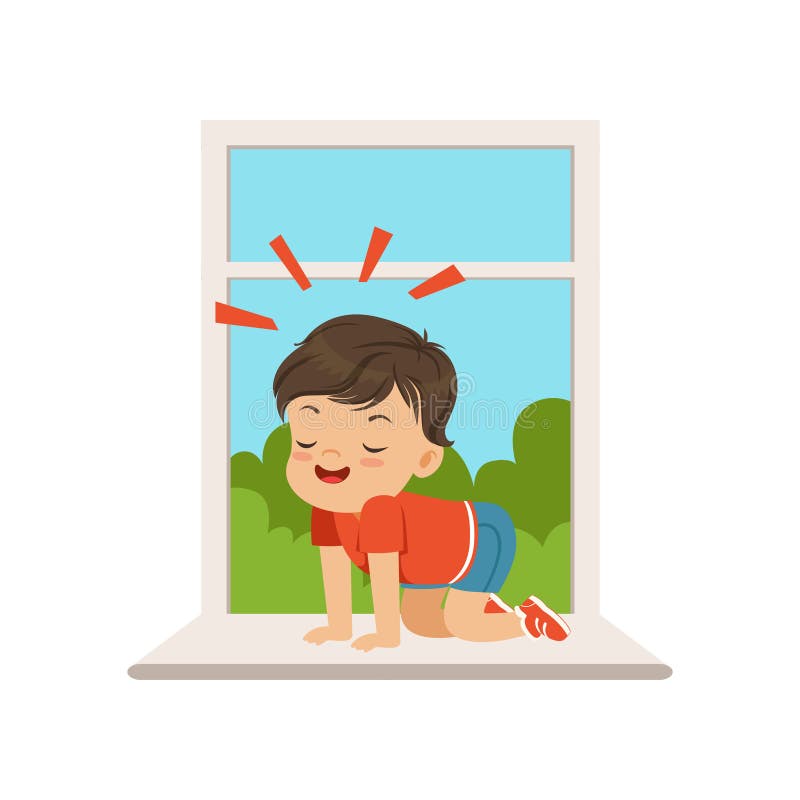 Cute little bully boy sitting on the windowsill at the open window, hoodlum cheerful little kid, bad child behavior vector Illustration on a white background