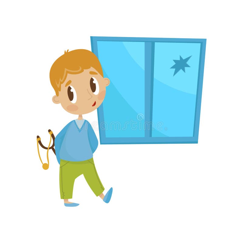 Cute little bully boy with a slingshot in front of crashed window, hoodlum cheerful kid, bad child behavior vector Illustration isolated on a white background.