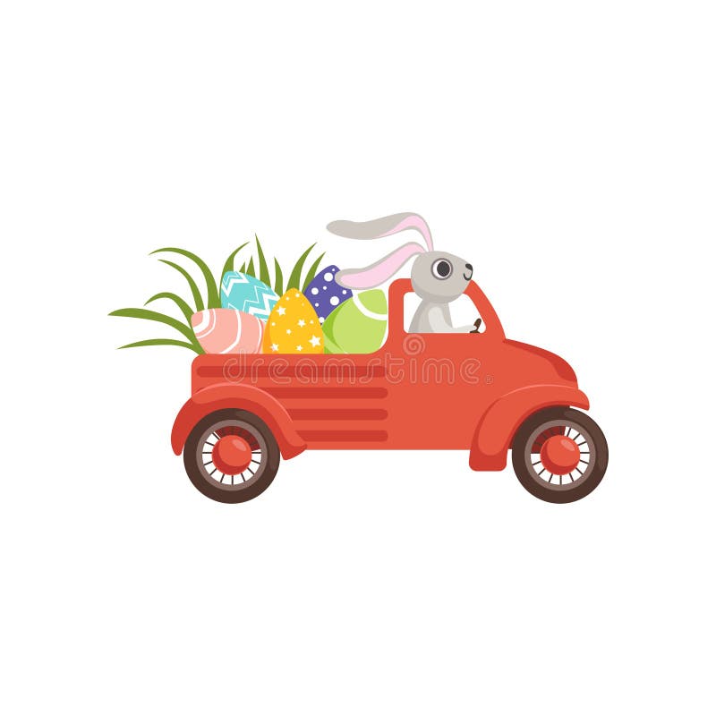 Cute little bunny driving vintage truck with colored eggs, funny rabbit character, Happy Easter concept cartoon vector