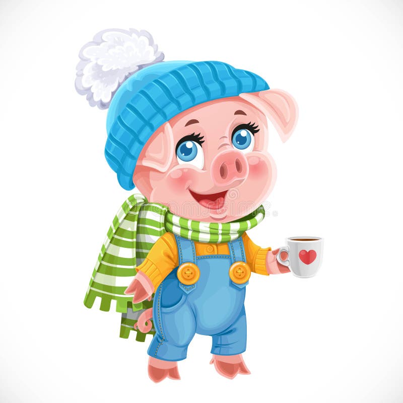 Cute little cartoon baby pig in winter hat with cup of tea isolated on a white background