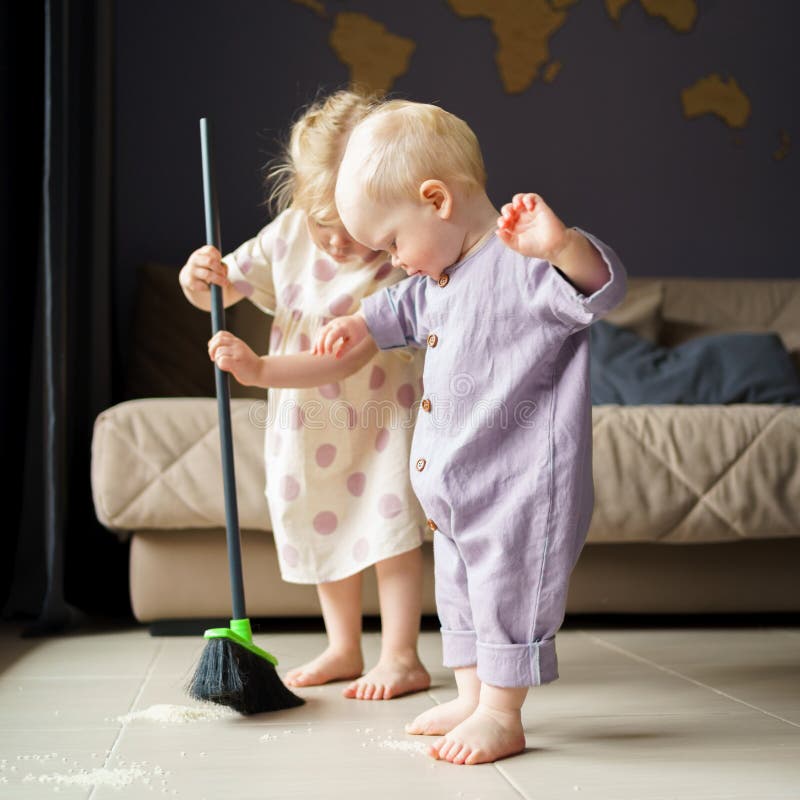 Children Sister and Brother Sweeping Floor with Broom at Home Stock Photo -  Image of clean, child: 219040630