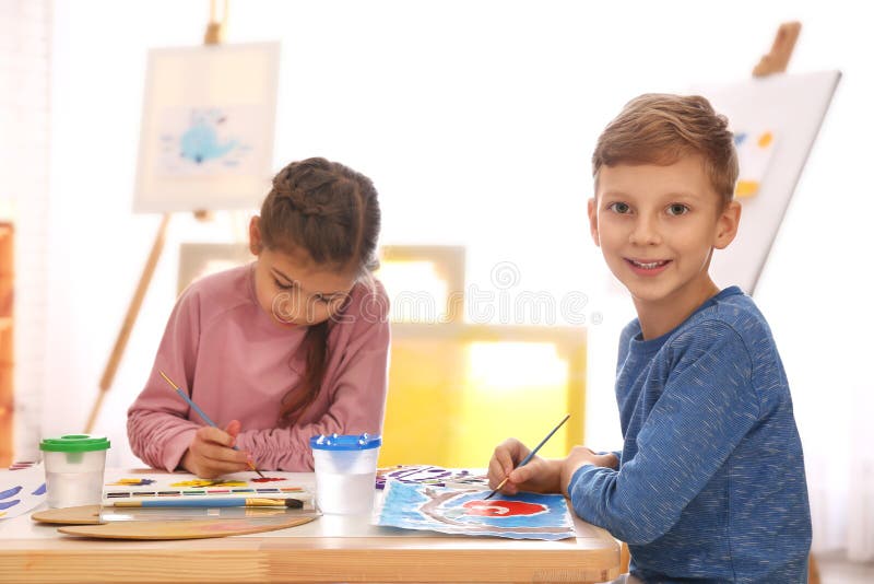 Cute Little Children Painting at Table Stock Image Image of color