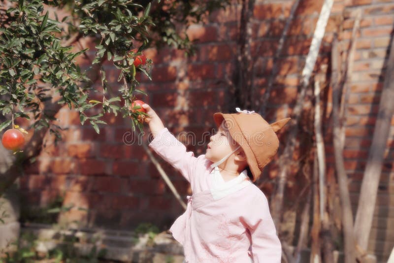 Lovely chinese Baby girl With a hat pick Pomegranate royalty free stock images Lovely chinese Baby girl With a hat pick Pomegranate royalty free stock images