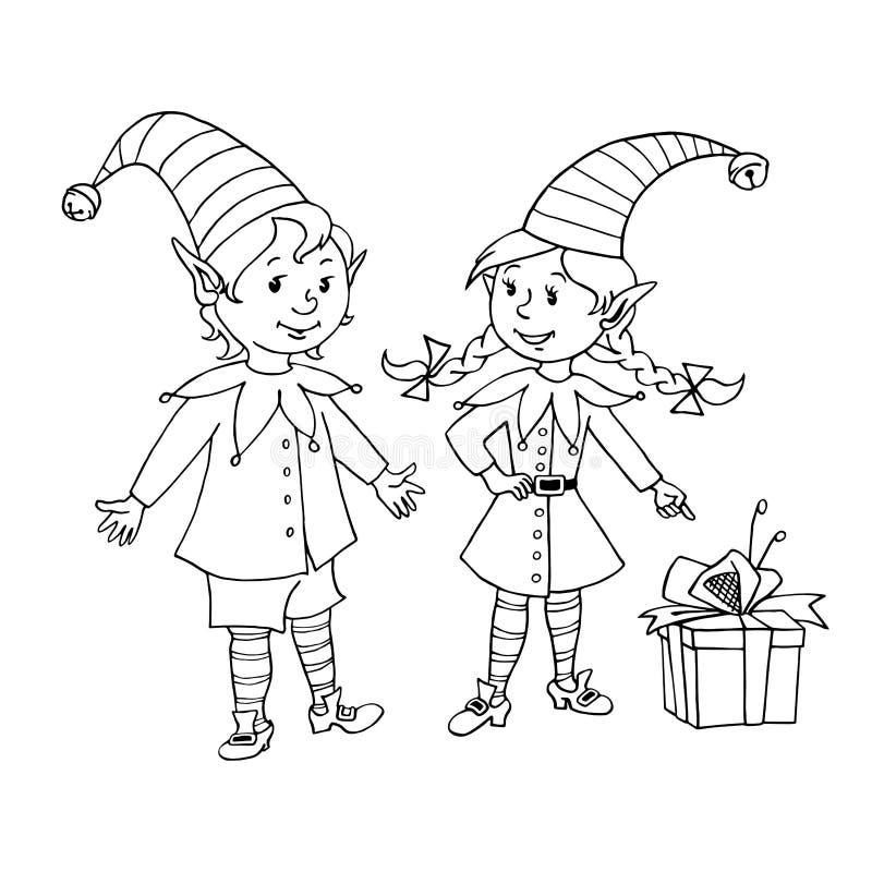 Cute Little Christmas Elves Girl and Boy. Vector Hand Drawn Black ...