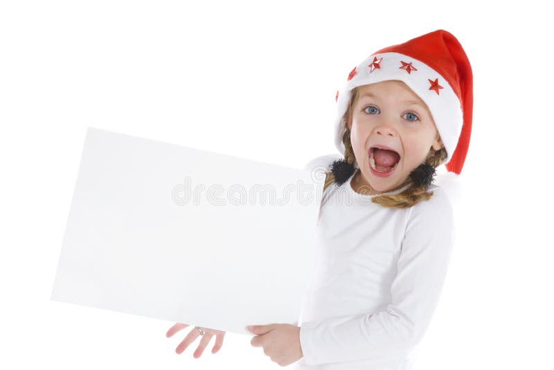 Cute little christmas girl with a blank sign