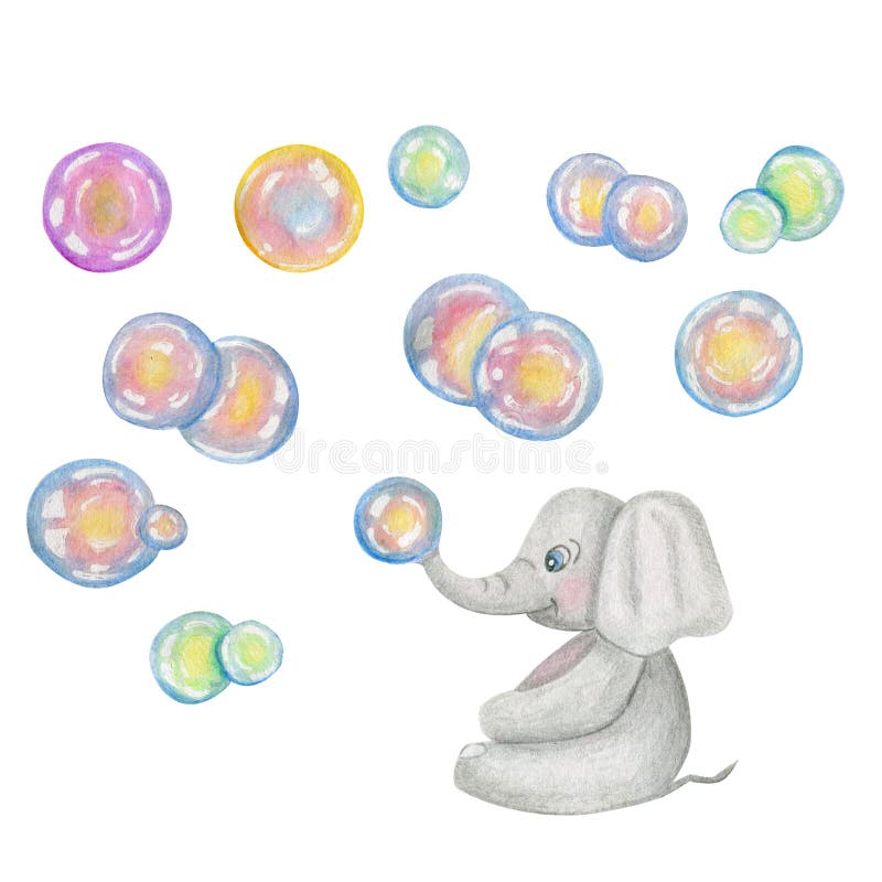 Cute little elephant with coorful soap bubble blowing on trunk is sitting. Watercolor hand drawn illustration in cartoon children style. Concept of leisure, washing, shower, suds, fun, lightness