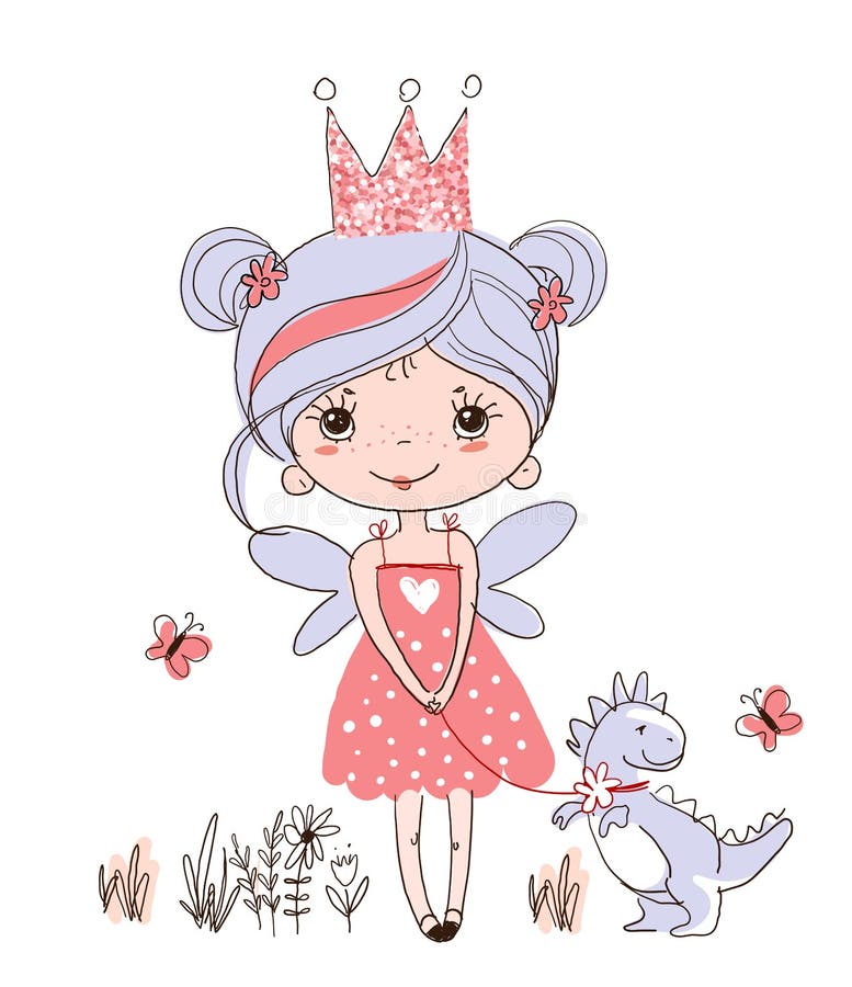 Cute little fairy with wings in a pink dress. The princess in the crown walks with a dragon or dinosaur. Fairytale girl, color sketch, vector illustration isolated on white background