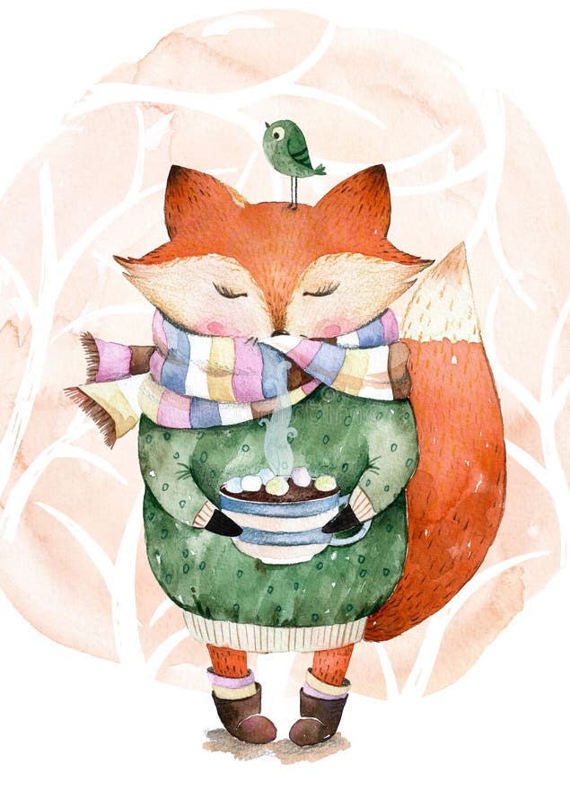 Cute little fox just like to drink hot coffee.Watercolor illustration.Fox and bird in watercolor.