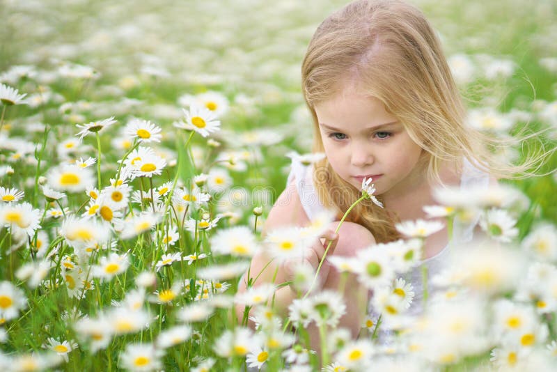 Cute little girl in big camomile meadow