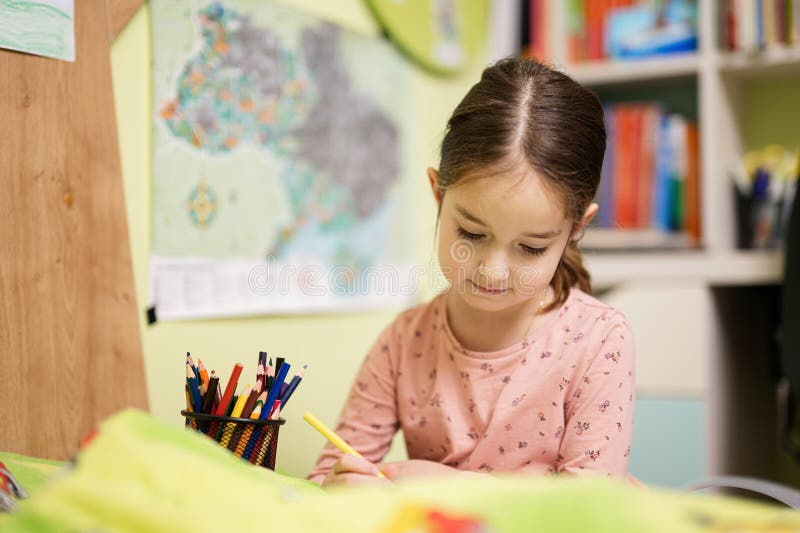 Cute Little Girl Drawing in Her Room Stock Image Image of face, play