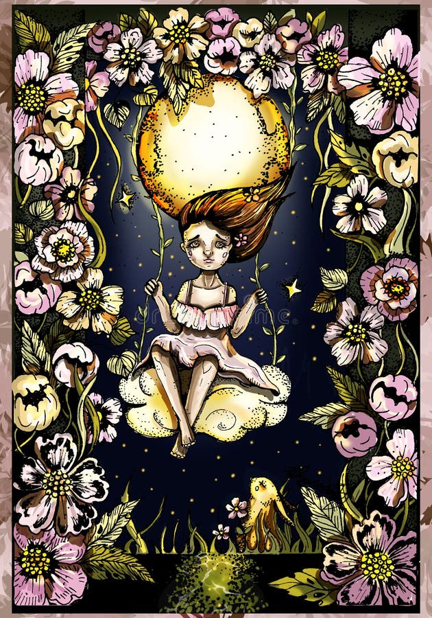 Cute little girl in dress with her hair blowing in the wind, riding on a cloud-swing in a flower arch over a stream under the moon