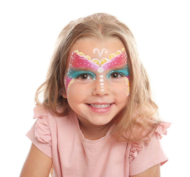 Cute little girl with face painting on white