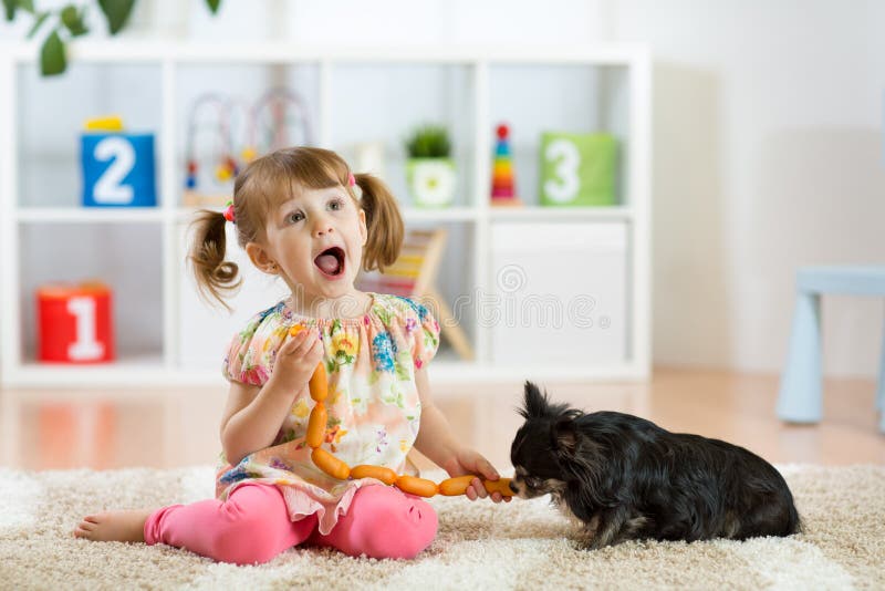 Cute Little Girl is Feeding Sausages To Her Dog Stock Photo - Image of ...