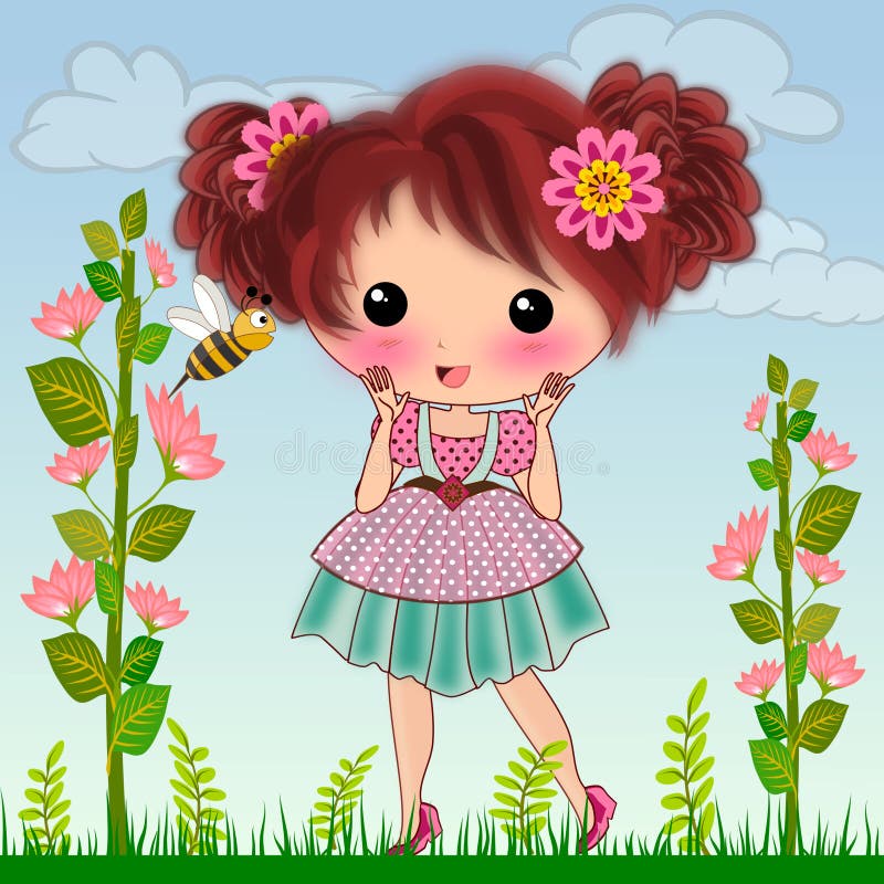 Cute Little Girl in the Garden Cartoon Illustrations Stock Illustration -  Illustration of illustrations, children: 216904564