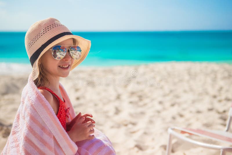 Cute Little Girl in Hat on Beach during Summer Stock Image Image of