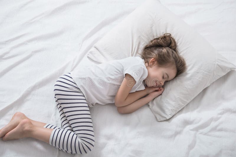 Cute Little Girl with Long Hair Sleeping in Bed Stock Photo - Image of ...