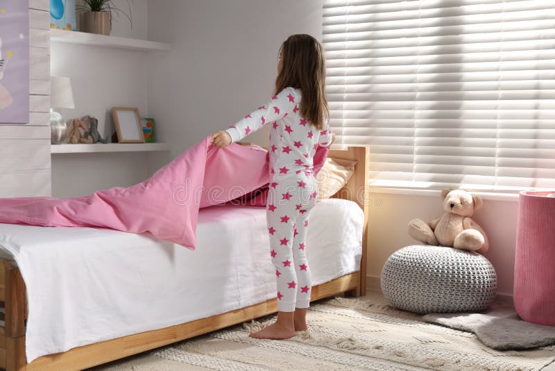Cute Little Girl Making Bed Stock Photo Image of barefoot, cute