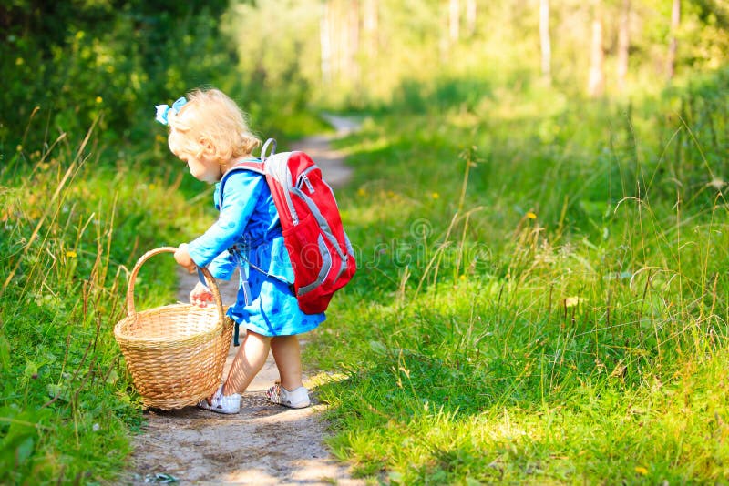 Cute little girl picking mushrooms in forest