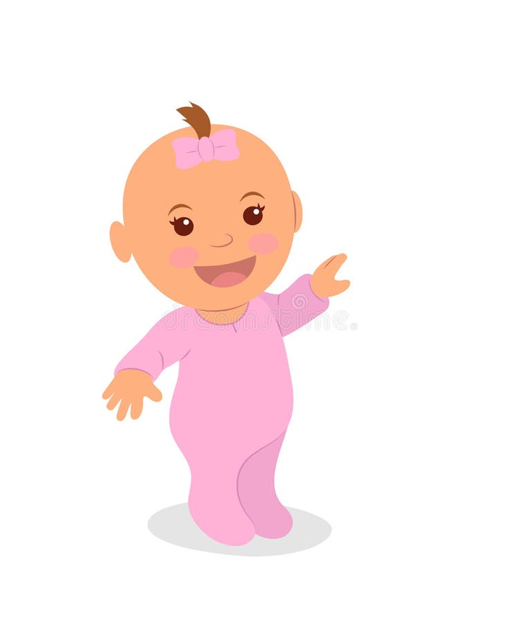 Cute little girl in pink pointing her finger. The newborn girl is isolated on a white background