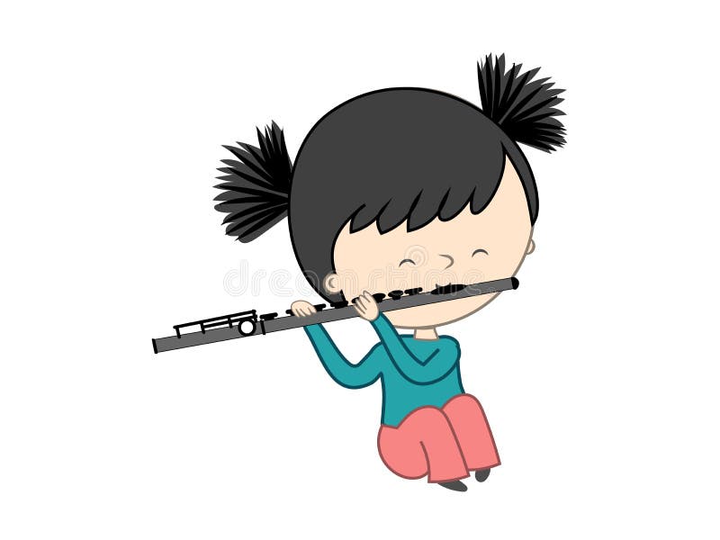 Cute little girl playing flute isolated on white background