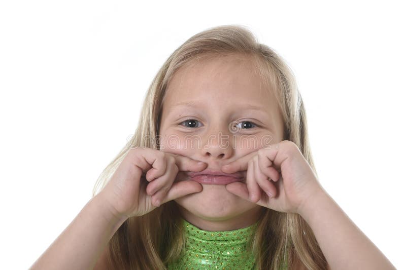 Cute little girl showing her lips in body parts learning school chart serie