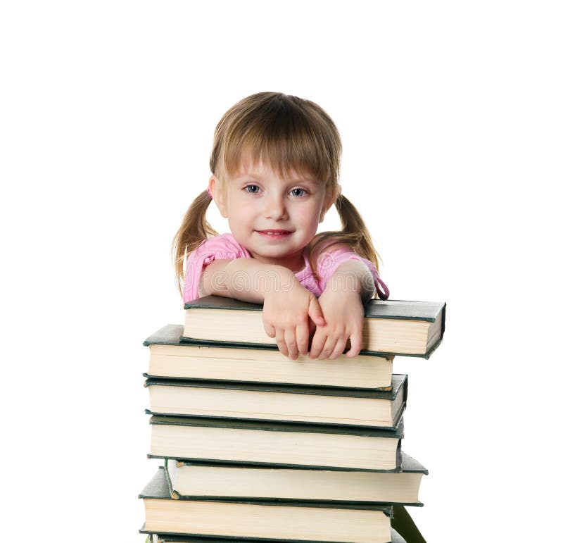 Cute Little Girl Sit Near Stack Big Books Stock Photos Free & Royalty