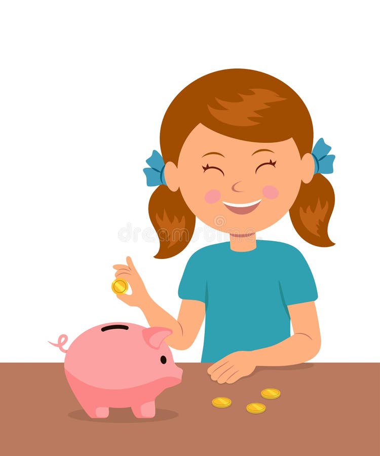 Cute little girl standing at the table puts coins in a piggy bank and dreams of buy something.