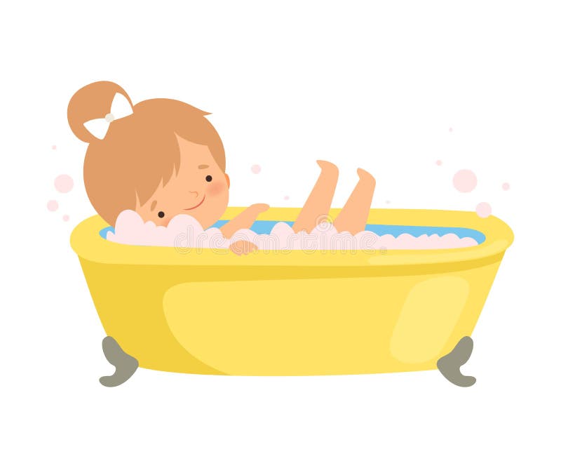 Happy little black baby girl sitting in bath tub playing with toys in  bathroom. Portrait of