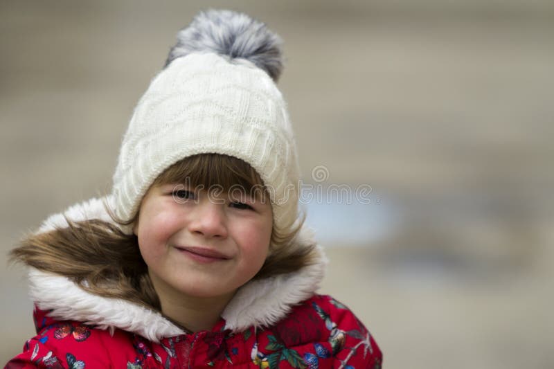 Cute Little Girl in Warm Clothes on White Background. Stock Photo ...