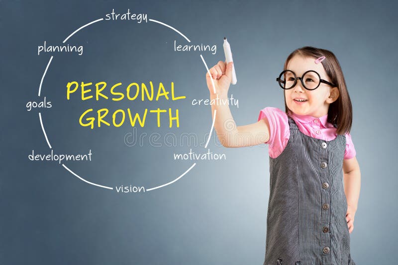 Cute little girl wearing business dress and drawing circular structure diagram of personal growth concept. Blue background.