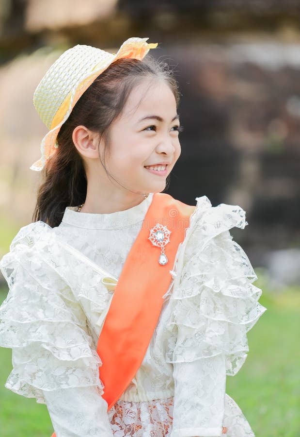 Cute Little Girl Wearing Typical Thai Dress Stock P