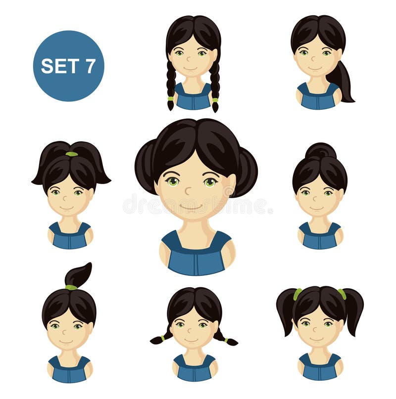 Cute Little Girls with Black Hair and Various Hair Style. Stock Vector -  Illustration of icon, design: 123744530