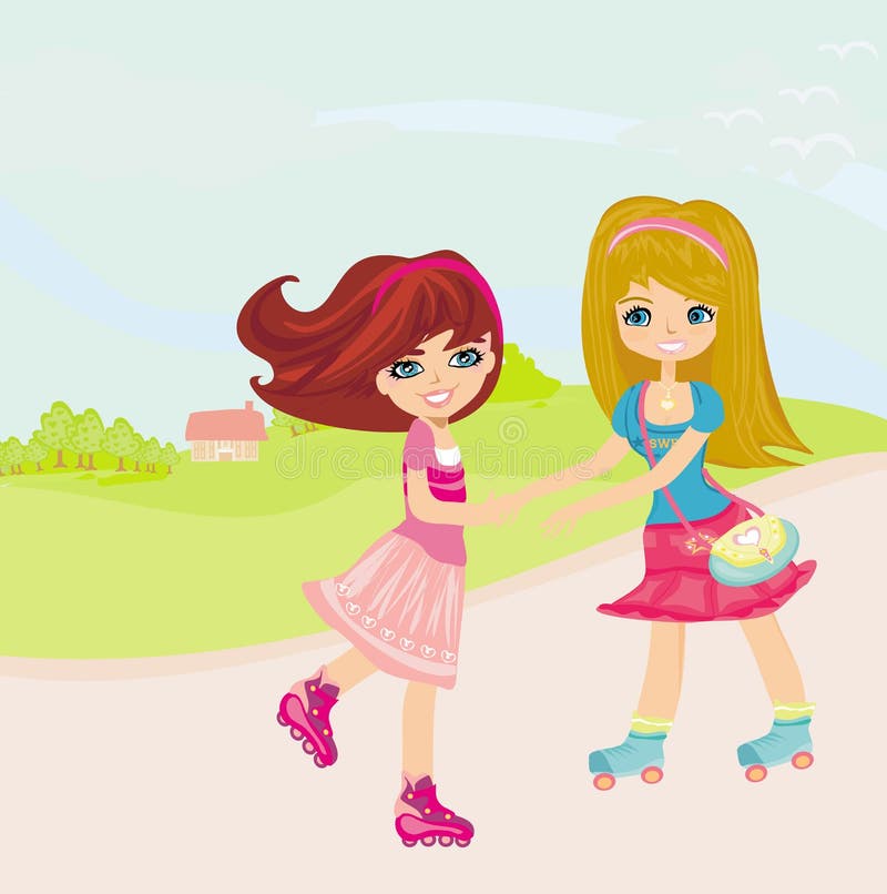 Cute little girls ride on rollers royalty free illustration