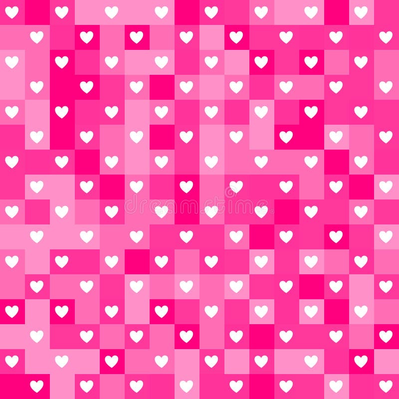 Bright pink hearts, seamless background, pixelated checkered surface