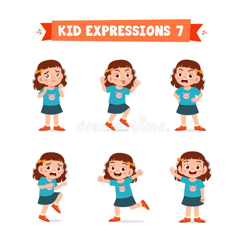 Cute Little Kid Girl in Various Expressions and Gesture Set Stock ...