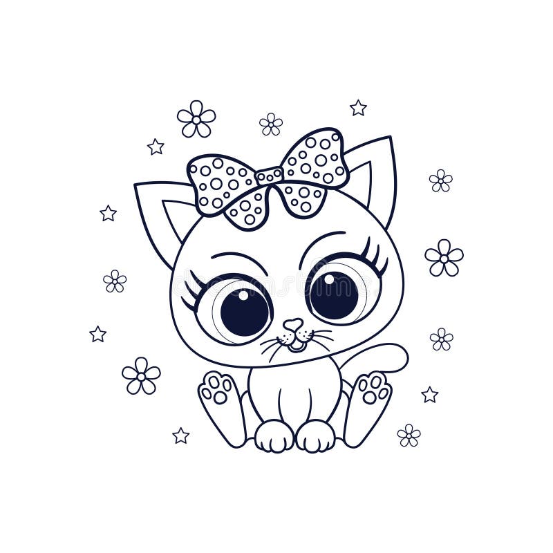 Cute Little Kitten with a Bow. Black and White Linear Image. Vector Stock  Vector - Illustration of line, doodle: 237907053