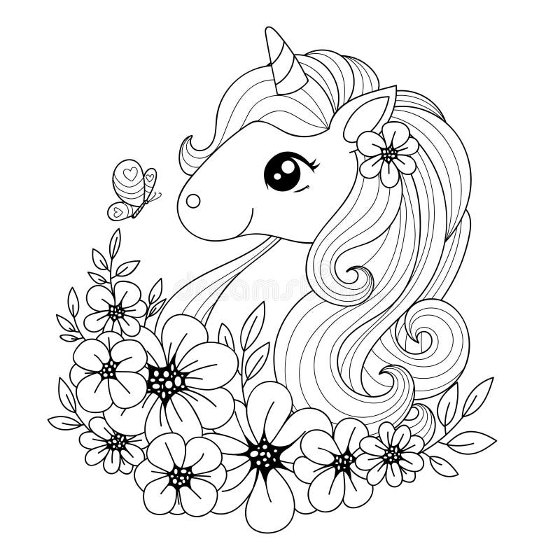 Cute Little Magical Unicorn Surrounded by Flowers and Butterflies