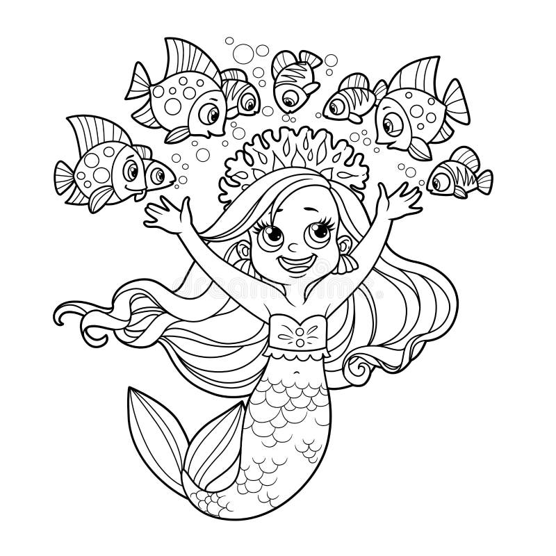 Cute little mermaid girl in coral tiara communicates with fish outlined for coloring page isolated on white