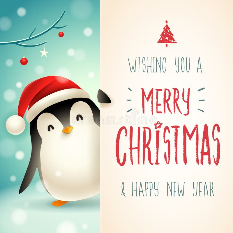 Cute little Penguin with big signboard. Merry Christmas calligraphy lettering design