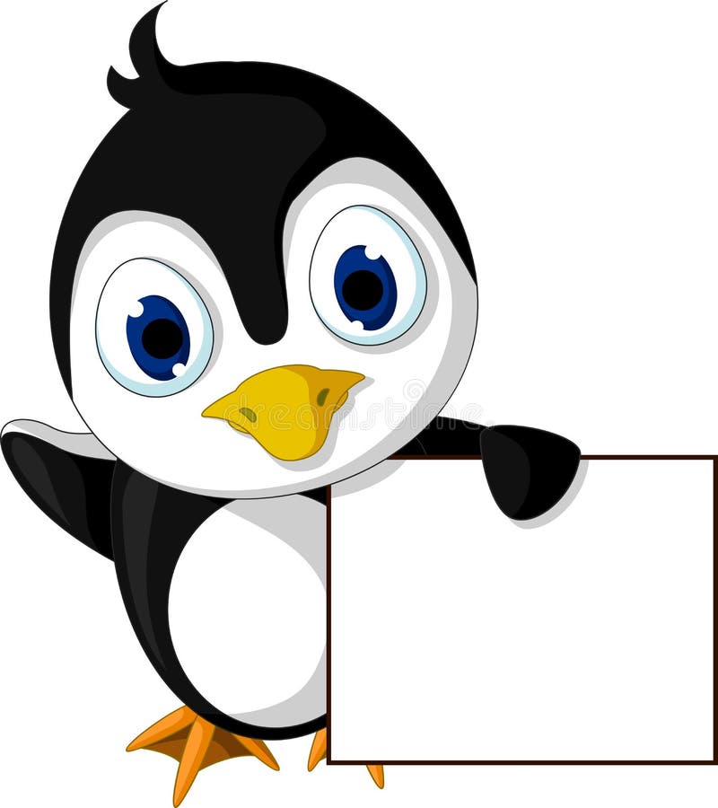 Cute little penguin cartoon holding blank sign