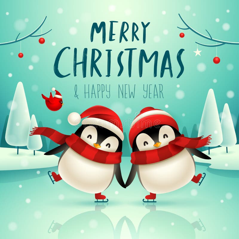 Cute little penguins skate on frozen river in Christmas snow scene. Christmas cute animal cartoon character. royalty free illustration Cute little penguins skate on frozen river in Christmas snow scene. Christmas cute animal cartoon character. royalty free illustration