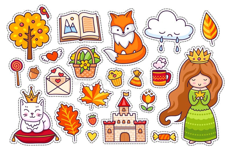 Cute little princess, fox, white cat with crown, castle, kitten, autumn tree, open book, leaves, clouds, love letter. royalty free illustration Cute little princess, fox, white cat with crown, castle, kitten, autumn tree, open book, leaves, clouds, love letter. royalty free illustration