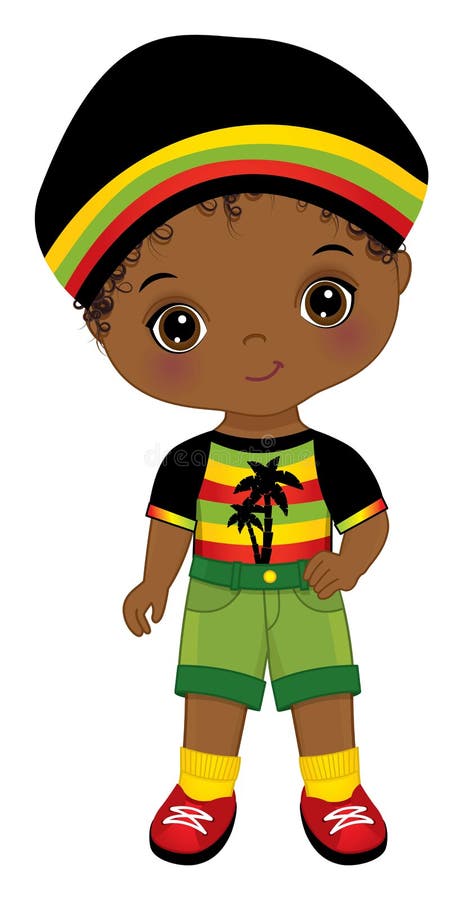 Cute Little Reggae African American Boy Wearing Rastafarian Outfit and Hat. Vector Cute Reggae Black Boy